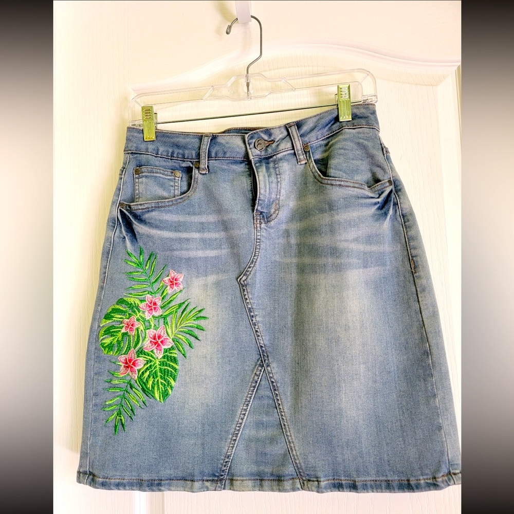 Earl Jeans Light Blue Denim Skirt with Pink Floral Embroidery